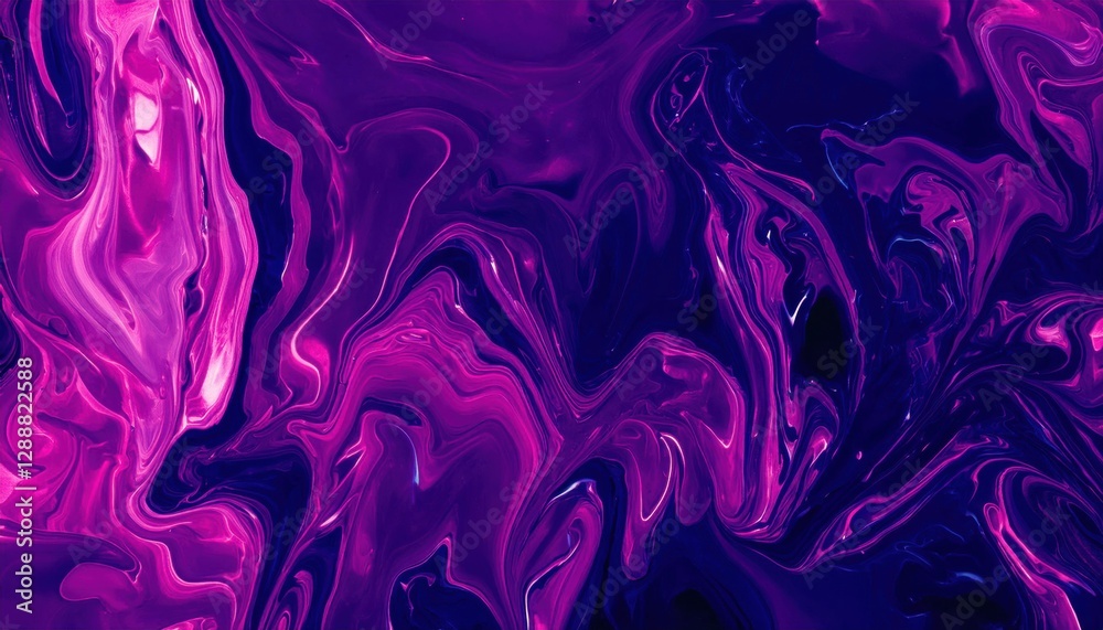 Poster abstract purple fluid art with swirling patterns, vibrant neon paint mixed in a dynamic composition for creative design use