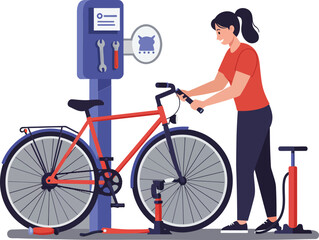 Woman repairing flat bicycle tire using pump and tools at public station