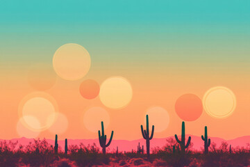 Vibrant desert landscape with cacti silhouettes under a dreamy sunset sky, featuring artistic bokeh effects and vivid gradient colors.