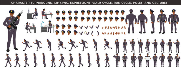 Obraz premium Police Officer Character Design Model Sheet. Man, Character design. Front, side, back view and explainer animation poses. Character set with lip sync and Walk cycle animation sequences.