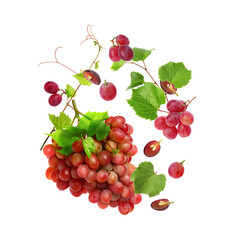 Fresh grapes in air on white background