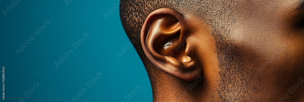 Poster close up of a man's ear, highlighting intricate details and emphasizing the importance of hearing in
