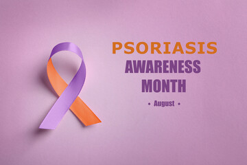 Psoriasis Awareness Month (August). Orange-orchid awareness ribbon on pink background, top view