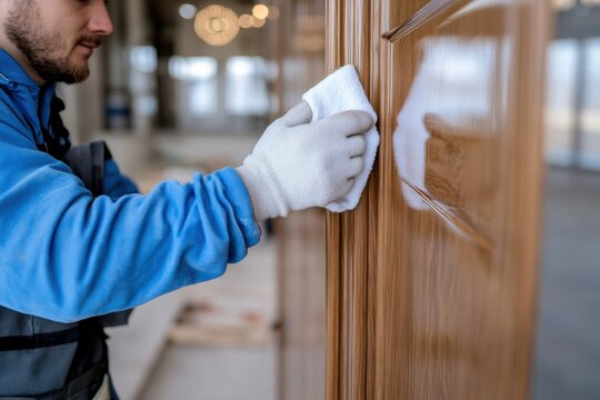 A worker carefully polishes a wooden surface, demonstrating commitment to quality craftsmanship while preparing for a detailed finishing touch in a spacious interior.