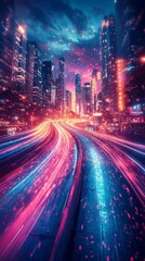 Obraz premium Vibrant Night Cityscape with Blurred Light Trails and Skyscrapers Under Dramatic Sky