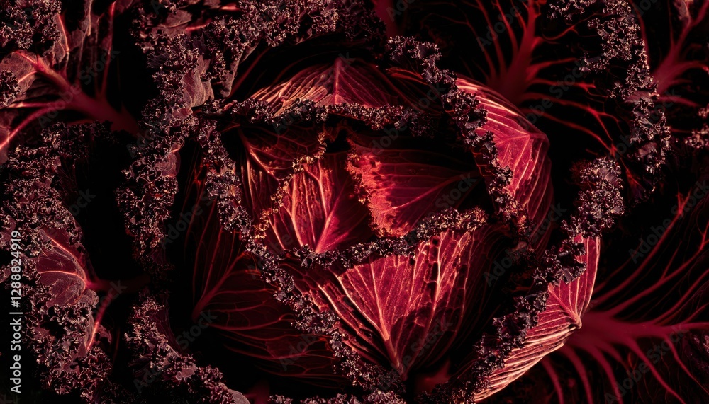 Poster abstract close-up of a red ornamental cabbage leaf texture, vibrant curled edges with intricate deta