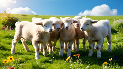 Close-up of adorable lambs huddled together in a peaceful meadow, their fluffy coats and curious eyes creating a heartwarming scene.