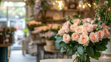 A bouquet of pink roses in the foreground, with green leaves is placed on table against a flower shop interior background. 