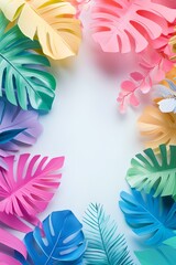 3d tropical leaves arranged in a frame on a white background. 