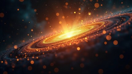 Obraz premium A silent explosion of golden particles frozen in space, each tiny fragment glowing with the energy of a dying star, weightless and infinite.