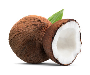 Coconuts and green leaf isolated on white