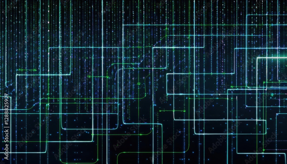 Leinwandbilder digital matrix of glowing green binary code lines and interconnected circuits, futuristic tech background