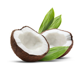 Coconuts and green leaves isolated on white