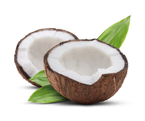 Coconuts and green leaves isolated on white
