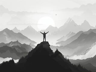 Minimalist black and white illustration, 1:1 ratio, depicting a successful person standing on a mountain peak with their arms raised triumphantly. The person should be prominently visible, not  small