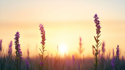 Fototapeta premium Purple Flowers Silhouetted Against a Vibrant Sunset