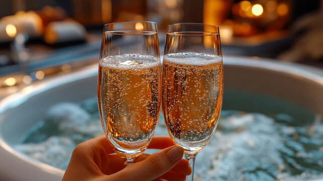 Hand holding a glass of champagne on a cruise ship at sunset, with the ocean in the background