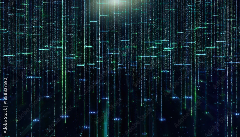 Poster digital matrix of glowing green binary code lines and interconnected circuits, futuristic tech background