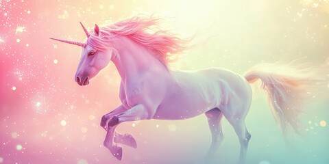 Naklejka premium Pastel-colored wonderland with dreamy gradient lights and glittering unicorn sparkles. Stock photo --ar 2:1 --quality 2 --style raw --v 6.1 Job ID: 62369728-46c6-438b-9f61-8ce7fd987957
