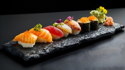 Fresh salmon sushi rolls on a black plate