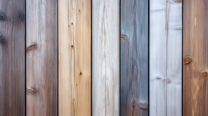 Fototapeta premium Close-up view of vertical wood planks in light, brown, and grey hues, perfect for backgrounds and rustic design. 