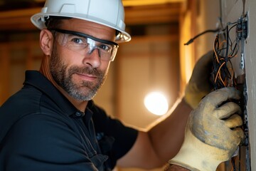 An electrician works on wiring electrical systems while wearing safety gear, highlighting the importance of safety and expertise in home electrical installations.