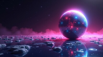 A molten glass planet with smooth, reflective surfaces stretching for miles, shimmering with neon reflections of nearby stars and galaxies.