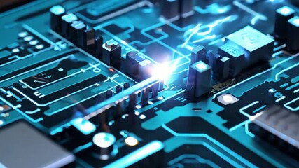 Dynamic, tracking video following a spark traveling across a circuit board background, the animation should be fast and energetic