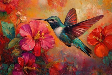 A vibrant hummingbird in flight, surrounded by colorful hibiscus flowers, a breathtaking oil painting.