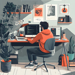 Home office setup featuring a person coding on a laptop in a stylish workspace during the afternoon