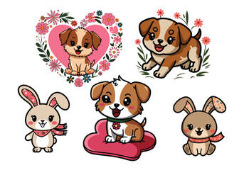 Adorable Kawaii Animal Illustrations: Puppies, Bunnies, Hearts More