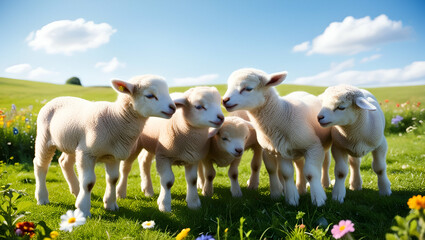 Fototapeta premium Gorgeous lambs playfully gathered in a vibrant grassy field, their innocent expressions and soft wool making a picture-perfect moment.
