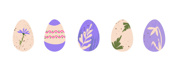 Easter eggs vector set. DIY natural dyed eggs with botanical prints. Pastel elegant design of Easter symbol