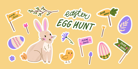 Easter Egg Hunt cute sticker collection. Isolated vector patches of bunnie, chick, decorated eggs, signs and navigation elements. Trendy and elegant patches with hand drawn illustrations