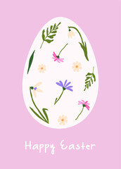 Happy Easter card. Trendy abstract greeting card with spring flowers in egg silhouette. Minimalistic and elegant vector design with handwritten lettering