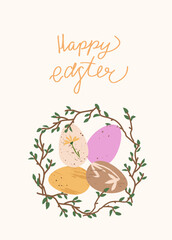 Happy Easter card. Trendy pastel greeting card with spring nest, wreath and eggs. Minimalistic and elegant vector design with hand drawn