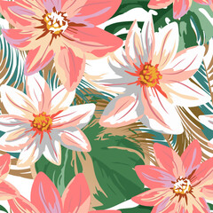 Repeating Tropical Floral Pattern with Soft Pink and White Exotic Flowers and Green Monstera Leaves. Elegant and Delicate Summer Design for Textile, Wallpaper, and Fabric