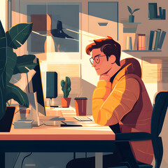 Focused individual working on computer in bright room with plants and warm light