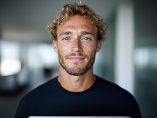 Obraz premium Young entrepreneur with blue eyes in corporate setting.