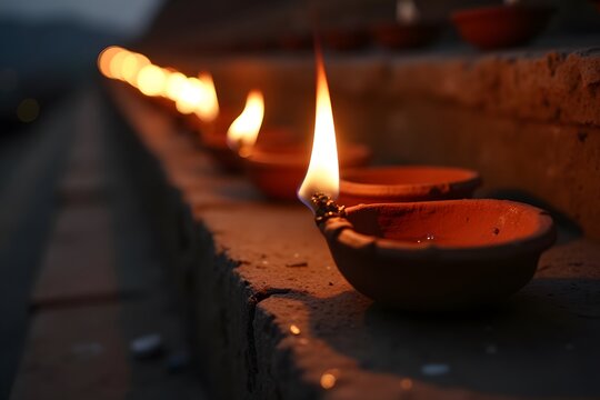 A row of traditional earthen lamps (diyas) flickering at dusk, lined up on temple steps.
