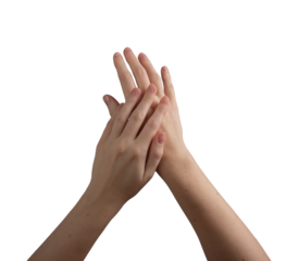 Female hands with well-groomed, glossy nails gently positioned to highlight beauty, skincare, and wellness. Symbolizing nail care, smooth skin, and elegance. Isolated on white background.