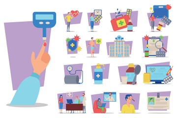 Set of illustrations with different health topics, including medical devices, health professionals, and wellness activities, aimed at promoting health awareness