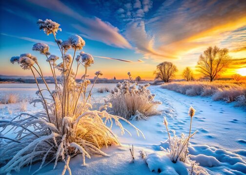 Winter Wonderland Landscape: Frozen Growth & Blank Space for Text - Stock Photo