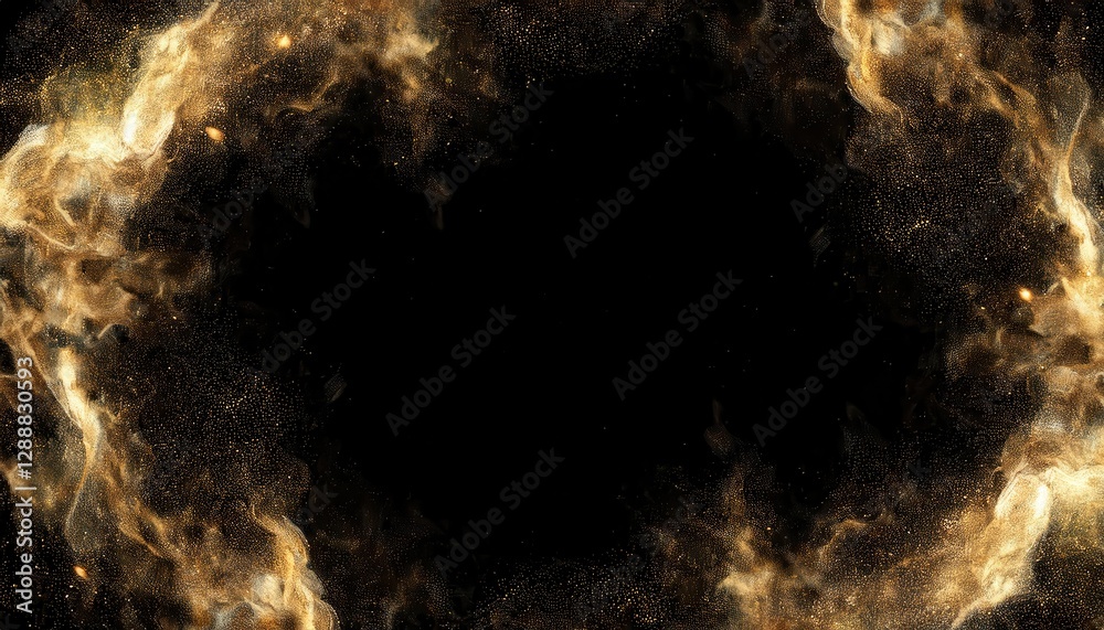 Poster golden dust particles swirling in dark space creating abstract cosmic cloud, perfect for futuristic,