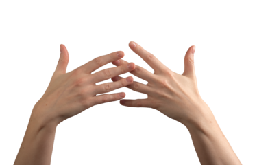 Female hands with well-groomed, polished nails gently intertwined, showcasing beauty, skincare, and wellness. Symbolizing nail care, elegance, and self-care. Isolated on white background.