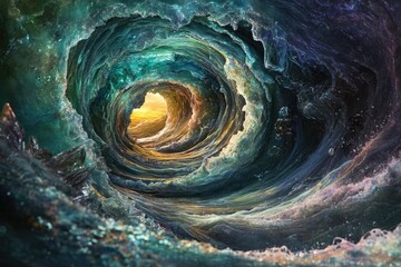 A mesmerizing swirling ocean vortex reveals a vibrant sunset beyond its depths, a captivating visual journey.