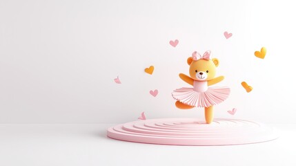 Obraz premium Cute Teddy Bear Dressed as a Ballerina Dancing on a Platform Surrounded by Floating Hearts in a Minimalist Setting