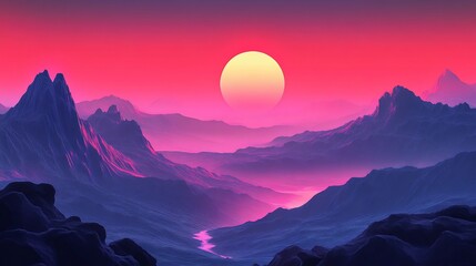 Vibrant Sunset Over Majestic Mountains: A Surreal and Dreamlike Landscape