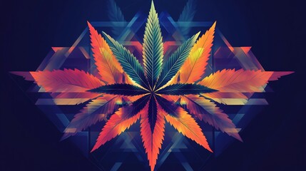 Vibrant Cannabis Leaf Art with Geometric Background, Colorful and Modern