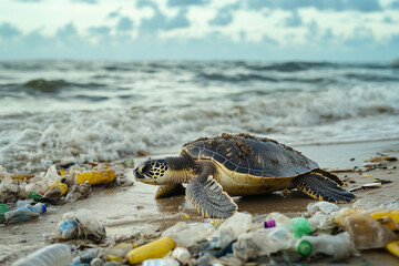 A struggling turtle on a decaying beach with plastic wrapping its leg. The scene is filled with washed-up garbage with bad environment 